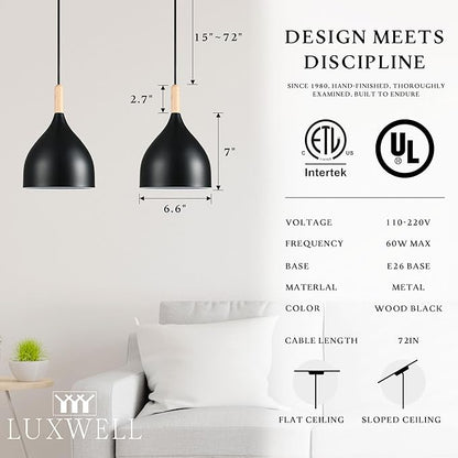 Modern Pendant Light, 6.6"x6.6"x7" Iron Hanging Fixture with Warm Oak Woodgrain, 15"-72" Adjustable Cord, E26 Socket, 4.7" Ceiling Canopy for Kitchen, Entryway – Carbon Black