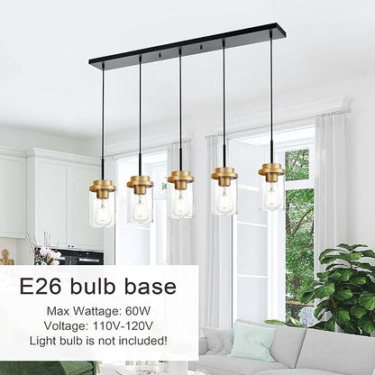 MELUCEE 5-Lights Adjustable Hanging Pendant Light Fixtures 37 Inches in Black, Modern Kitchen Island Lighting Linear Chandelier for Dining Room Over Table with Clear Glass Shade, Gold Socket