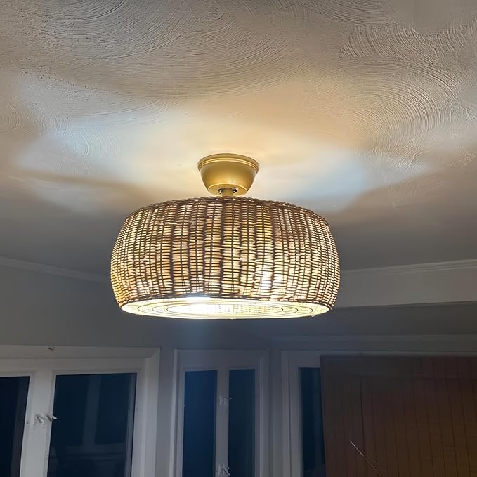 18.1" Rattan Caged Ceiling Fan with Lights 4-Light Beige Fandelier with Light Boho Bamboo Chandelier Fan with Light Reversible Motor, Remote Wicker Pendant Light with Fan for Bedroom Living Room