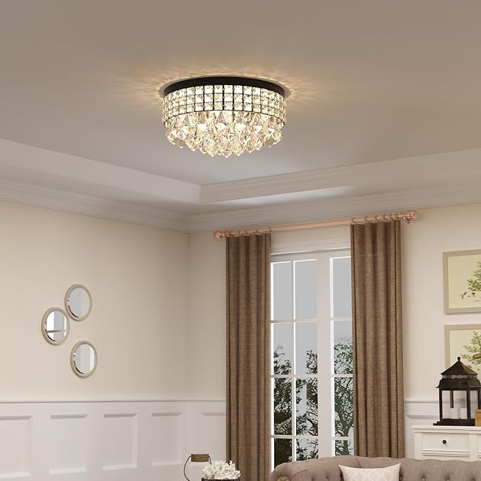 Maxax 4 Lights Crystal Chandelier, Recessed Drum Ceiling Light, Mini Crystal Flush Mount Round Metal Shade Raindrop Chandelier Crystal for Dining Room Living Room Bathroom Bedroom, Black