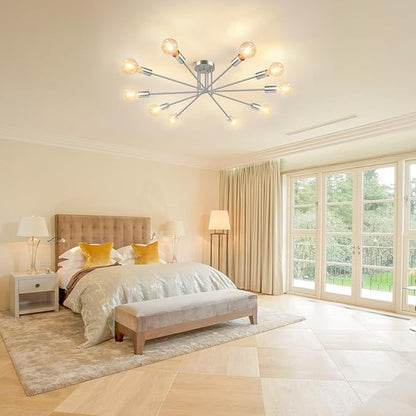 Semi Flush Mount Ceiling Light Fixture, 10-Light Modern Brushed Nickel Sputnik Chandelier Industrial Ceiling Lamp for Kitchen Dining Room Living Room Bedroom Foyer