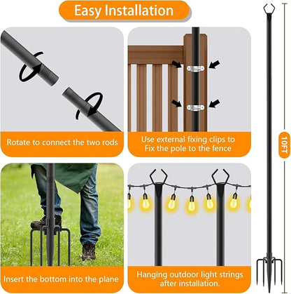 2 Pack 10FT String Light Poles,Metal with Fork Lights Poles for Outdoor String Light, Rustproof Heavy Duty for Outside Garden,Patio,Wedding,Backyard,Deck,Party