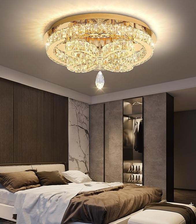 20'' Modern Crystal Chandelier LED Dimmable Flush Mount Ceiling Light Pendant Light for Living Room Bedroom Dining Room Gold Light Fixture