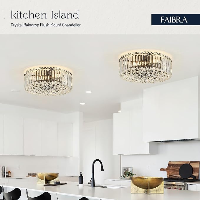 17.3" Black K9 Crystal Raindrop Flush Mount Ceiling Light, Modern Chandelier, Round Luxury Light Fixture for Dining Room, Bedroom, Hallway, Kitchen Island & Living Room
