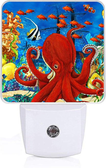 Red Octopus Night Light, Fish Sea Plug-into Nightlight White LED Lamp, Energy Efficient Decor Desk Lamp for Bedroom Hallway Stairs Bathroom