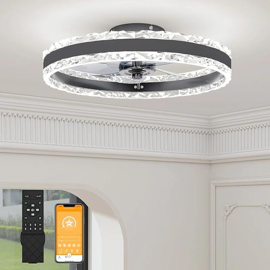 VOLISUN Low Profile Ceiling Fans with Light and Remote, 19.7in Fandelier Ceiling Fan with Light, 3000K-6500K Dimmable Flush Mount LED Ceiling Fan Light, Black Modern Ceiling Fan Light for Bedroom