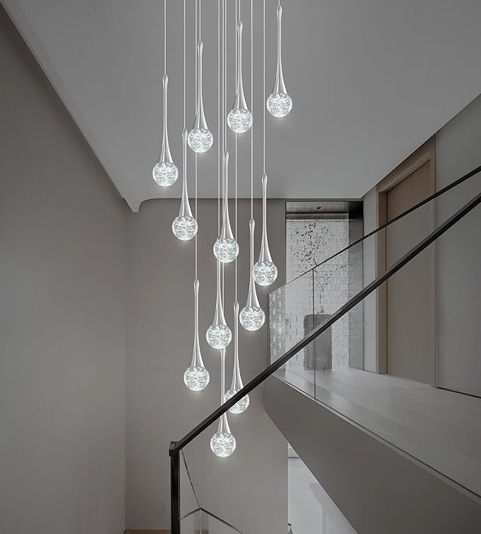 Modern Crystal Staircase Chandelier for High Ceilings, Glam LED Dimmable Pendant Light Living Room Entryway Foyer Chandelier Lighting Fixture Chrome 12-Lights