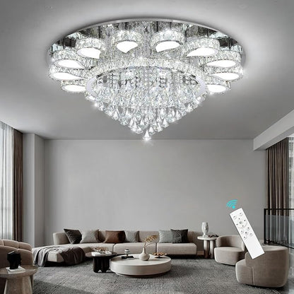 HAIXIANG Glam Crystal Chandelier for Living Room Dining Room Lights Sloped Ceiling Light Fixtures Luxury Modern Remote Dimmbale Lighting Silver 40 Inches