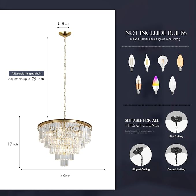 Gold Plated Modern Crystal Chandeliers Lighting Contemporary Pendant Chandelier Ceiling Lamp Lights Fixture 5-Tier (10 Lights) for Dining Living Room Entryway W28 Inch