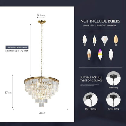 Gold Plated Modern Crystal Chandeliers Lighting Contemporary Pendant Chandelier Ceiling Lamp Lights Fixture 5-Tier (10 Lights) for Dining Living Room Entryway W28 Inch