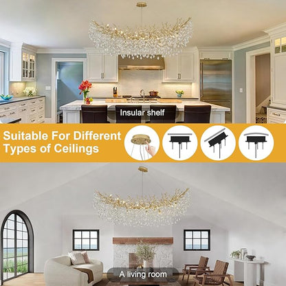 Modern Crystal Gold Chandelier,63" Large Rectangular Lving Room Chandeliers for Dining Room, Tree Branch Crystal Dining Room Over Table Chandelier