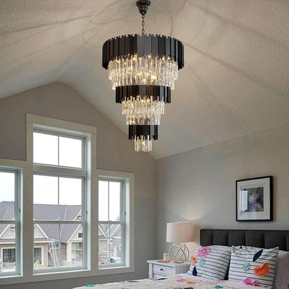 Large 8-Tier Crystal Chandeliers, 24in Black Crystal Chandelier, Luxury Round Adjustable Height Chandelier Lighting Fixture for High Ceiling, Entryway, Foyer