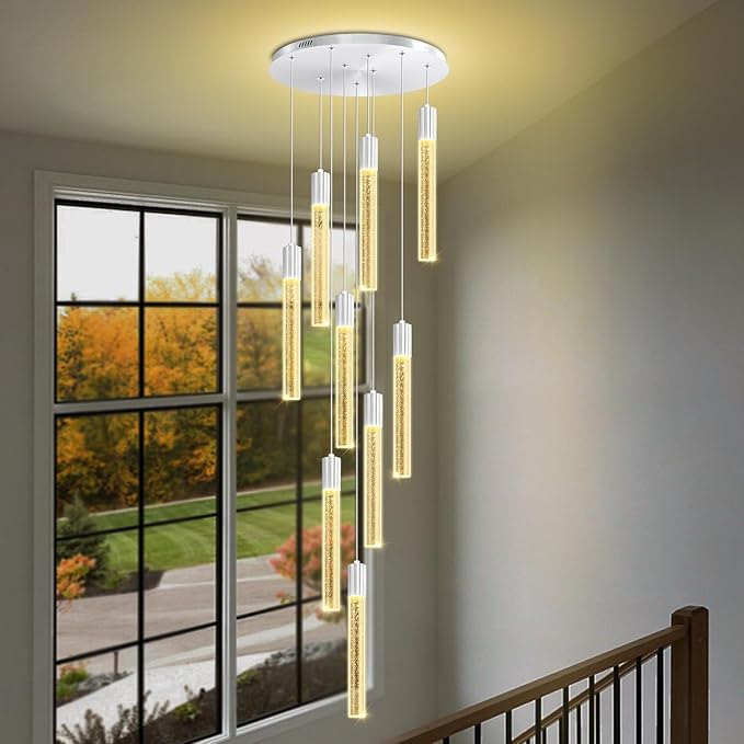 9-Light Silver High Ceiling Crystal Staircase Chandelier, Modern Spiral Raindrop Crystal Column Bubble Dimmable LED Cluster Hanging Chandeliers for Foyer Living Room Entrance