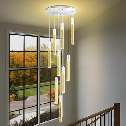 9-Light Silver High Ceiling Crystal Staircase Chandelier, Modern Spiral Raindrop Crystal Column Bubble Dimmable LED Cluster Hanging Chandeliers for Foyer Living Room Entrance