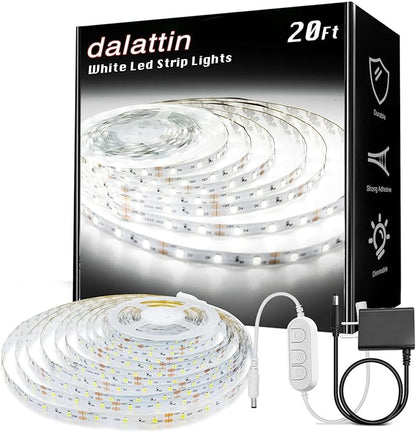 dalattin White LED Strip Lights, 20ft Dimmable Super Bright 24V Led Tape Light 6500K 360 LEDs Lights for Bedrooms, Mirror, Kitchen, Home Decoration Daylight White