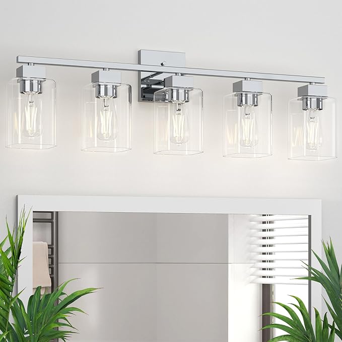 5 Light Bathroom Vanity Light - Chrome Bathroom Light Fixtures Square Design & UL Certification, 31 Inch Bath Room Light Fixtures Over Mirror for Living Room & Bedroom & Restroom