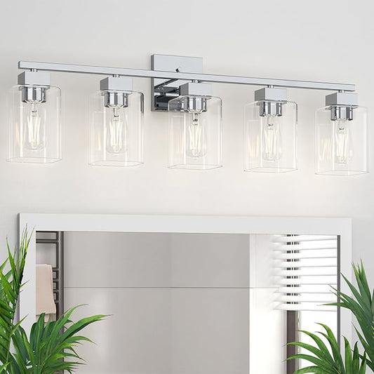 5 Light Bathroom Vanity Light - Chrome Bathroom Light Fixtures Square Design & UL Certification, 31 Inch Bath Room Light Fixtures Over Mirror for Living Room & Bedroom & Restroom