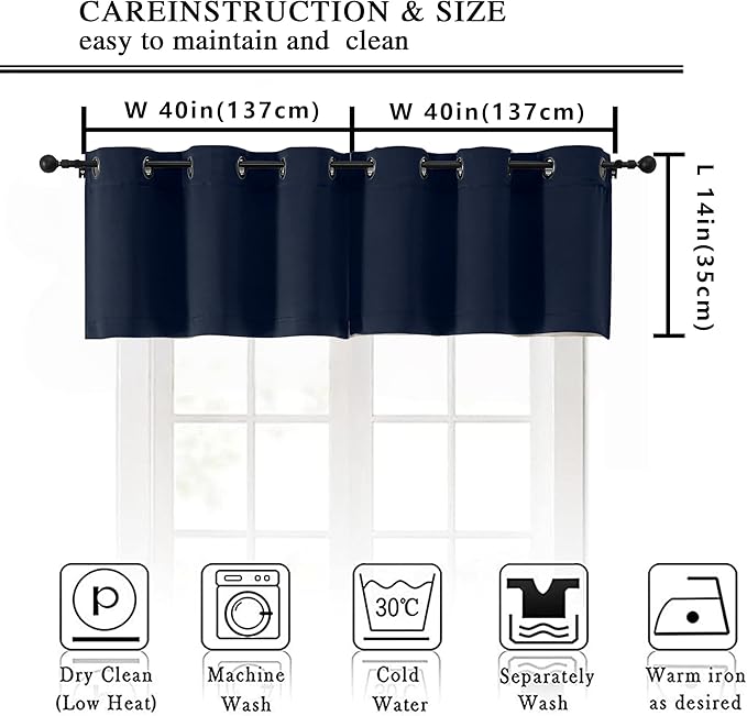 Simplebrand Navy Blue Window Valance for Kitchen 14 Inches Long 2 Panels Set, Room Darkening Valance Curtains for Living Room, Grommet Short Privacy Kitchen Curtains for Bedroom Kids Room, 40Wx14L