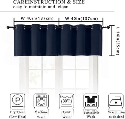 Simplebrand Navy Blue Window Valance for Kitchen 14 Inches Long 2 Panels Set, Room Darkening Valance Curtains for Living Room, Grommet Short Privacy Kitchen Curtains for Bedroom Kids Room, 40Wx14L
