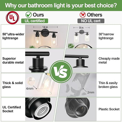 Zarbitta 2-Light Bathroom Light Fixtures, Black Modern Vanity Lights with Clear Glass Shade, Bathroom Wall Lamp for Mirror Kitchen Living Room Hallway Cabinet Porch