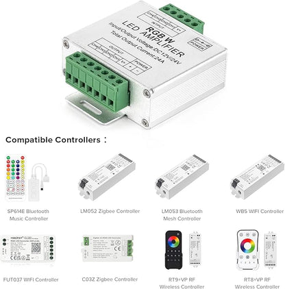 BTF-LIGHTING Single Color CCT RGB RGBW 4 Channel Signal Amplifier Controller Work with 2PIN 3PIN 4PIN 5PIN DC12V/DC24V Max 24A 5050SMD LED Strip Suitable for Long Distance Light Projects