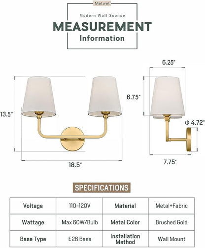 2 Light Bathroom Vanity Light, Brushed Gold Double Wall Sconce with Flared White Fabric Shade, Modern Sconces Wall Lighting for Hallway Bedroom Stairway, VL837-BG