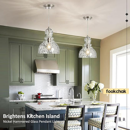 Brushed Nickel Pendant Light for Kitchen Island Hammered Glass Pendant Island Light 10inch Modern Glass Pendant Lights for Kitchen Sink Dining Room Hallway Entrance