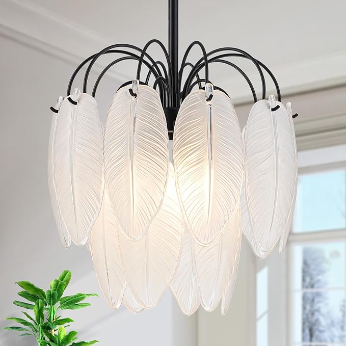 LumFurn D12 inch Glass Chandeliers, 3-Light Modern Pendant Light Fixture for Dining Room, Living Room, D12x18~47 Inch (Adjustable Height), Frosted Glass Feather Shade & Matte Black Finish Frame