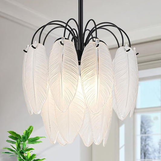 LumFurn D12 inch Glass Chandeliers, 3-Light Modern Pendant Light Fixture for Dining Room, Living Room, D12x18~47 Inch (Adjustable Height), Frosted Glass Feather Shade & Matte Black Finish Frame