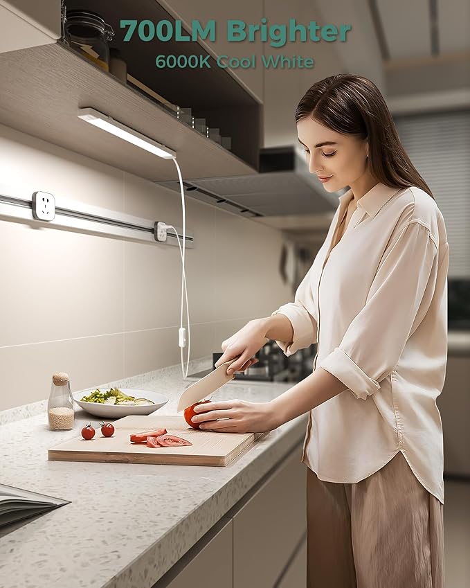 ASOKO 16 Inch Under Cabinet Lights,Plug and Play Under Counter Lighting,6000K Cool White with 700LM Bright,ETL Light Bar with ON/Off Switch for Kitchen, Desk,Workbench-2 Pack