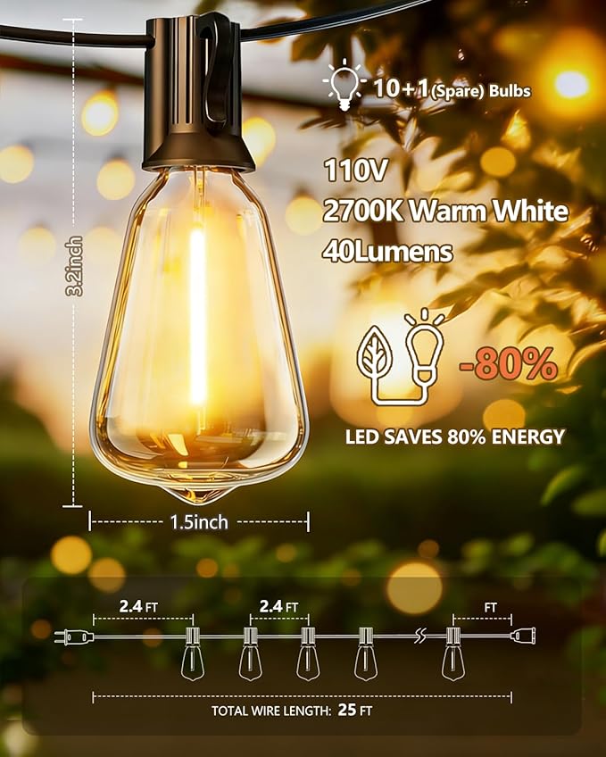 KGC 100FT LED Outdoor String Lights, Weatherproof Heavy Duty Patio Lights with 52 ST38 Shatterproof Edison Bulbs, Dimmable Vintage Bistro Lighting for Garden, Backyard, Pergola, Christmas Party