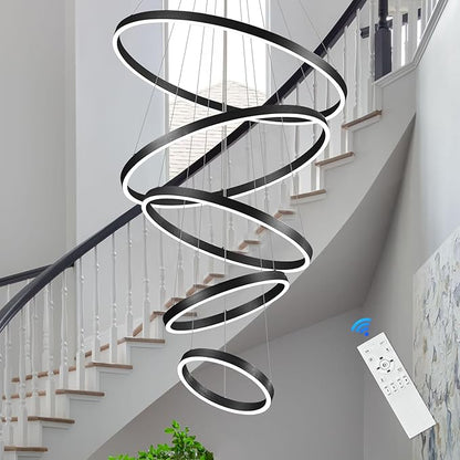 5-Ring Chandelier Black Modern LED Chandeliers High Ceiling 31" Large Foyer Chandelier Entryway Dimmable Pendant Light Fixture for Living Room Staircase, 3000K-6500K