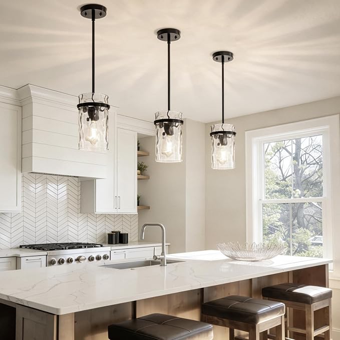 2 Pack 5.5" Black Hammered Hand-Blown Glass Pendant Light Farmhouse Black Pendant Light, Hammered Glass Pendant Light Fixtures Dining Room Light Adjustable Pendant Lighting Over Sink