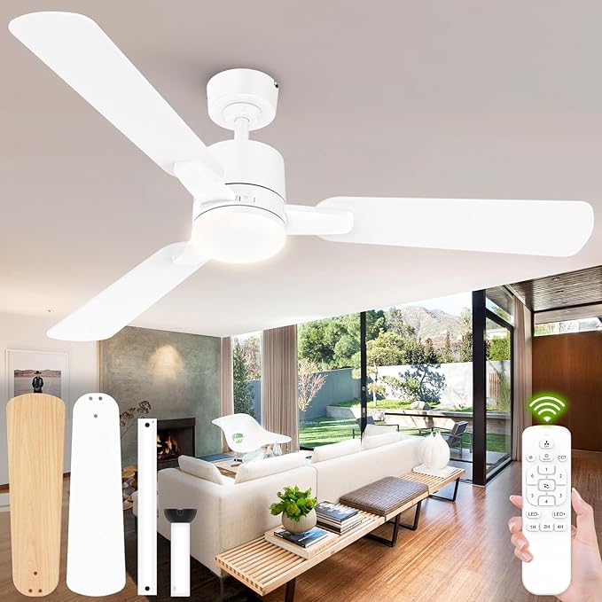 42 Inch Ceiling Fans with Lights and Remote Control, Low Profile Ceiling Fan with Light,10 Min Quick Installation,Reversible,3CCT Dimmable,Noiseless, white Small Ceiling Fan for Bedroom Indoor/Outdoor