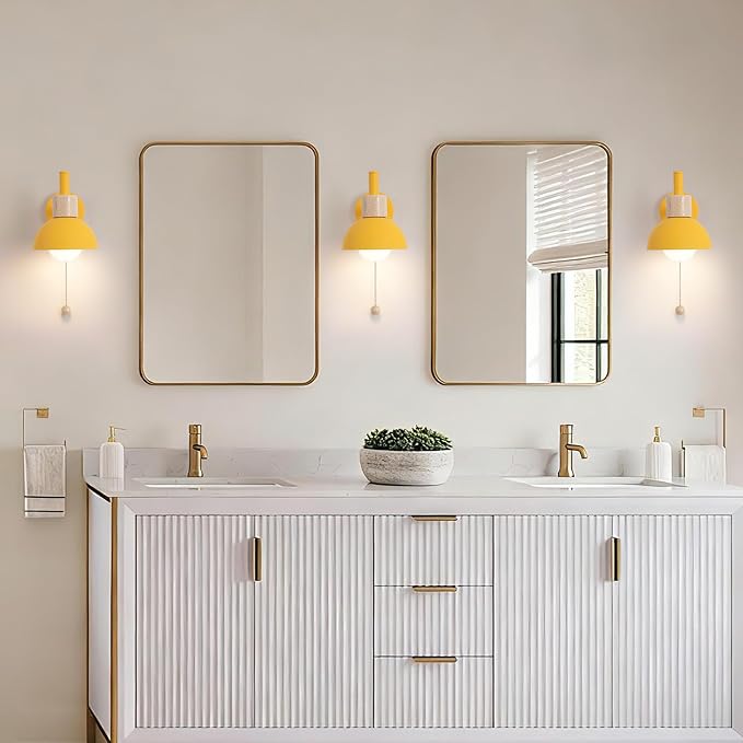 1-Light Nordic Bathroom Wall Sconce with Pull Chain Switch, Modern Vanity Wall Lamp, Bedside Wall Lights for Mirror Kitchen Living Room Hallway Cabinet Porch(Yellow)