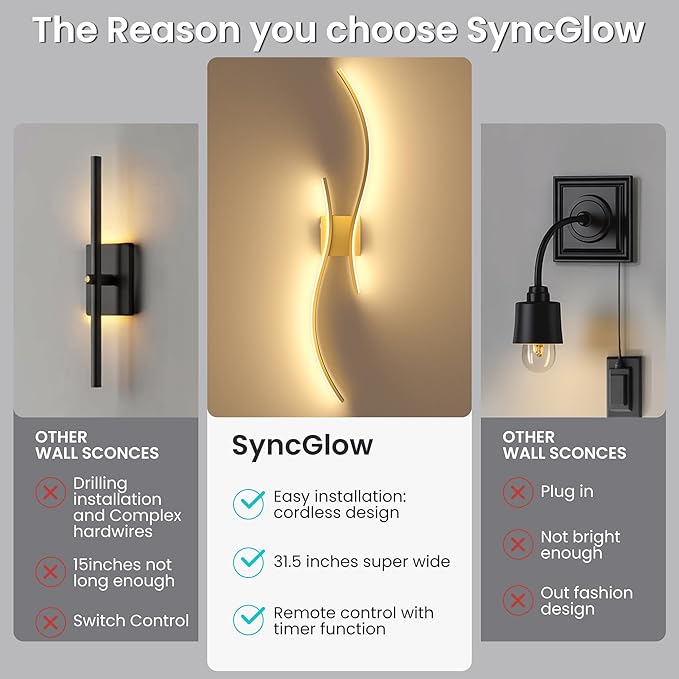 Battery Operated Wall Sconces Set of Two, 10000mAh Rechargeable Modern Wall Lights with Remote Control, Dimmable Gold LED Cordless Lighting for Living Room, Bedroom, Hallway, 31.5 Inch, 3CCT