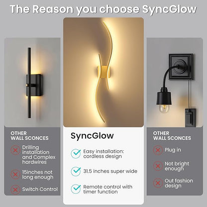 Battery Operated Wall Sconces Set of Two, 10000mAh Rechargeable Modern Wall Lights with Remote Control, Dimmable Gold LED Cordless Lighting for Living Room, Bedroom, Hallway, 31.5 Inch, 3CCT