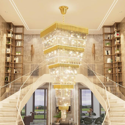 W40 x H120 Large Gold Chandeliers for High Ceiling, 37-Light Square Tiered K9 Crystal Raindrop Chandelier, Adjustable Height Luxury Pendant Light for Staircase, Villa Foyer, Entryway