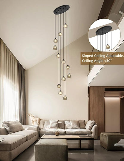 Weesalife Crystal Chandeliers for Staircases, 12-Light Black Modern Chandeliers for High Ceilings，Crystal Pendant Light Fixture for Living Room Kitchen Island Foyer Hallway Bar