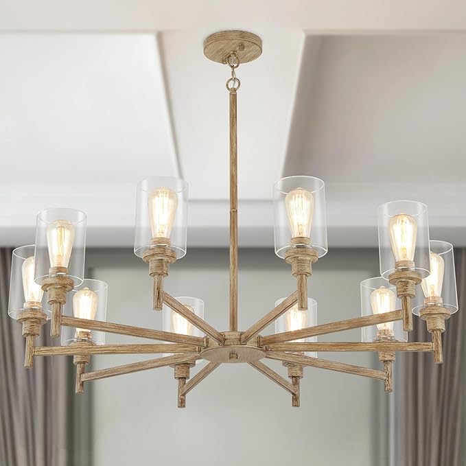 Large Farmhouse Chandelier, 10 Light Rustic Chandeliers for Dining Room Light Fixtures Over Table | Fake Wood Hanging Lighting with Clear Glass Cover for Living Room | Kitchen | Foyer
