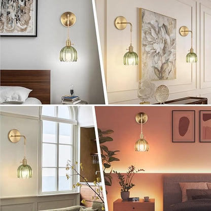 Battery Operated Wall Sconce, Indoor not Hardwired Wall Sconces Deep Green Glass Lampshade with RGB Dimmable, Wall Sconces Set of Two with Remote, Vintage Wall Lamp, for Bedroom Living Room