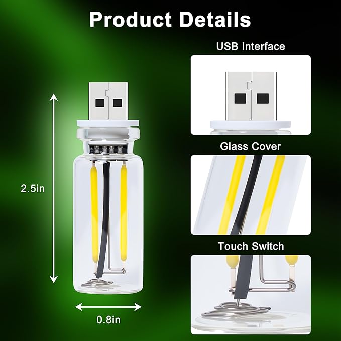 2 Packs USB Light for Car, Touch Dimmable Car Interior Ambient Lights - Portable Mini USB LED Light Bulb, Retro Glass Bottle Night Light for Vehicle, Bedroom, Hallway, Camping(Green)