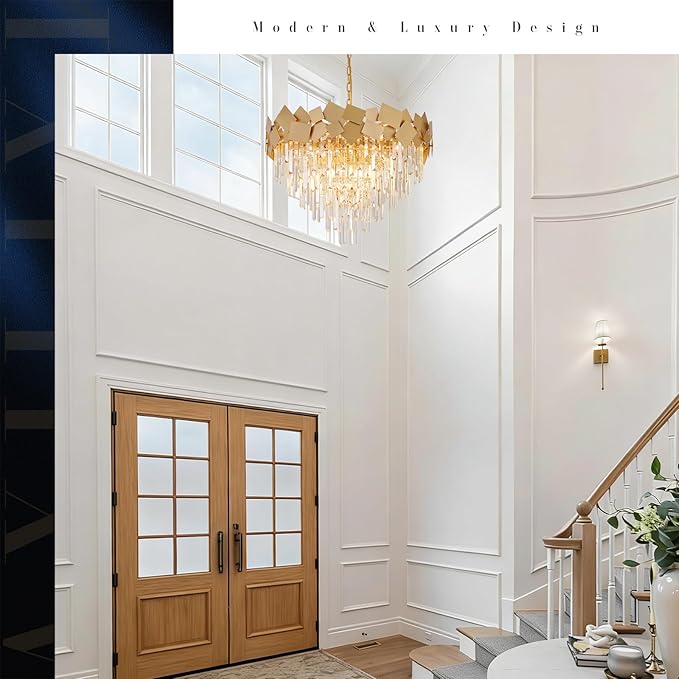 A AXILIXI Large Crystal Chandeliers 30'' Modern Gold Round Chandeliers for High Ceiling K9 6-Tier Large Brass Ceiling Chandelier Light Fixtures Luxury Chandelier for Staircase Foyer Living Room