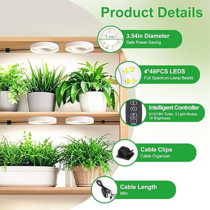 LED Plant Growth Lights for Indoor Plants, Warm+White Full Spectrum 3.54" Grow Lamps for Plant Growth with 6/12/16H Timer, 3 Spectral Modes, 10 Dimmable Levels, Halo Angel Ring White (4 Head)