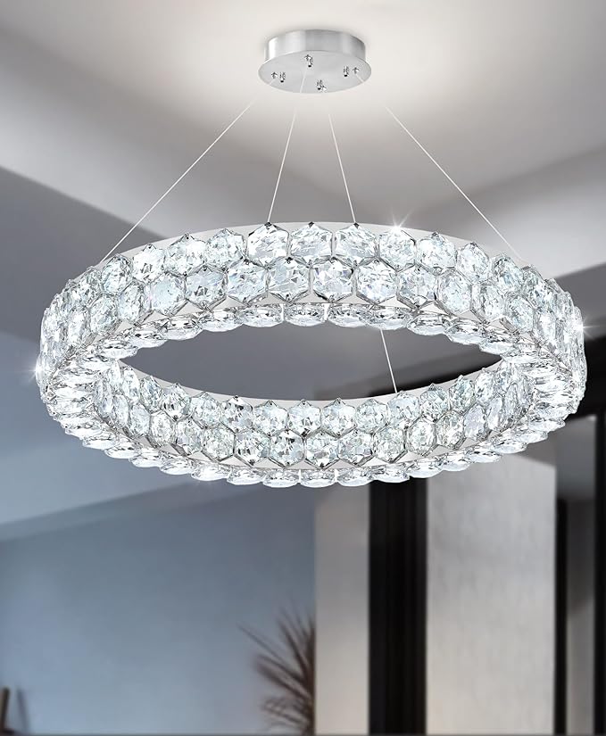 Modern Ring Chandelier, Crystal Chandeliers for Dining Room Round LED Ceiling Light Fixture for Living Room Bedroom Lighting Dimmable with Remote Ring Lights, 24inch Width Light