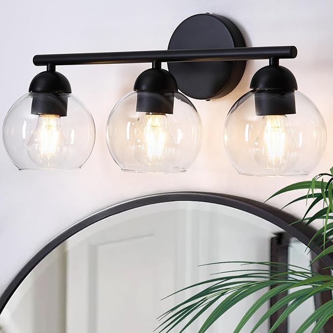 3 Light Bathroom Vanity Light, Black Vanity Light with Globe Glass Shades, Farmhouse Bathroom Light Fixtures Over Mirror, Modern Wall Lights for Bedroom Hallway, E26 Socket