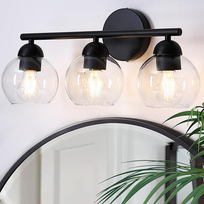 3 Light Bathroom Vanity Light, Black Vanity Light with Globe Glass Shades, Farmhouse Bathroom Light Fixtures Over Mirror, Modern Wall Lights for Bedroom Hallway, E26 Socket