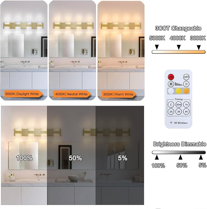 Modern Polished Gold 4 Lights Bathroom Vanity Light, Eleglant LED Bathroom Light Fixtures Over Mirror, Dimmable Acrylic Shade Wall Lighting Fixtures, Hardwired Wall Light(H9.25in, L28.35in)