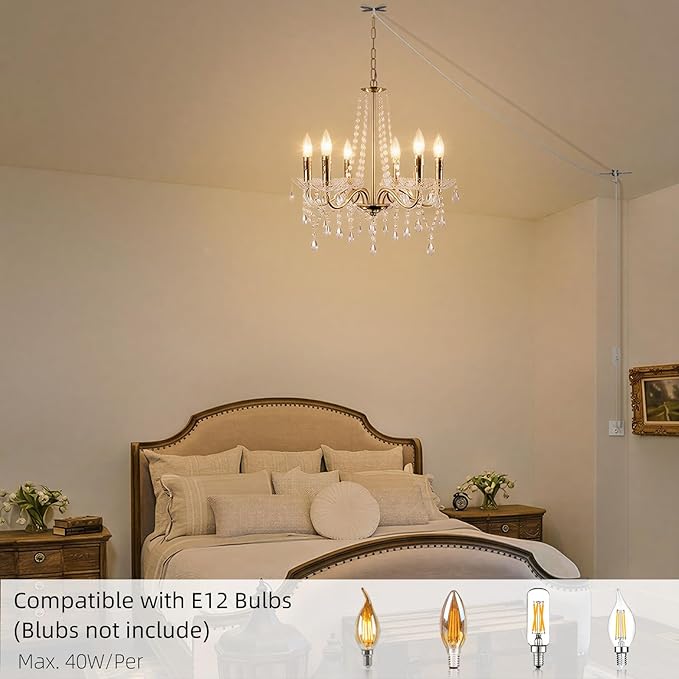 Crystal Plug in Chandelier Lighting with Long Cord, 6 Lights Gold French Country Plug in Pendant Light Modern Hanging Chandeliers for Dining Room Kitchen Bedroom Living Room