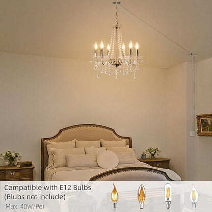 Crystal Plug in Chandelier Lighting with Long Cord, 6 Lights Gold French Country Plug in Pendant Light Modern Hanging Chandeliers for Dining Room Kitchen Bedroom Living Room